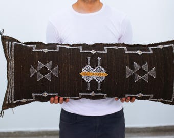 Handwoven Cactus Silk Lumbar Pillow: Dark Brown Ethnic Cushion (14x36)