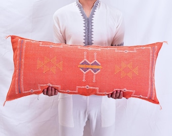 Orange Cactus Silk Lumbar Pillow: Moroccan Berber Handwoven Cushion (14x36)