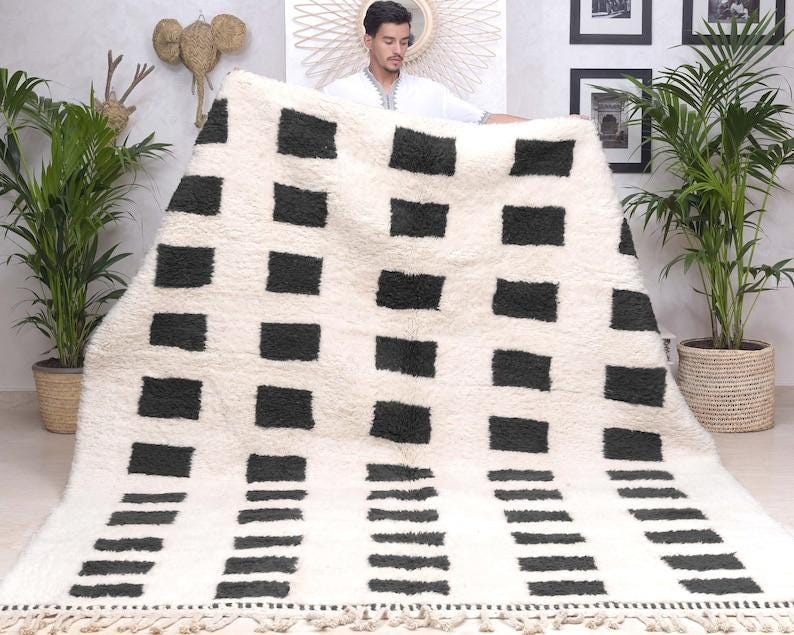 Black Checkered Berber Rug: Handwoven Moroccan Beni Ourain Wool Rug