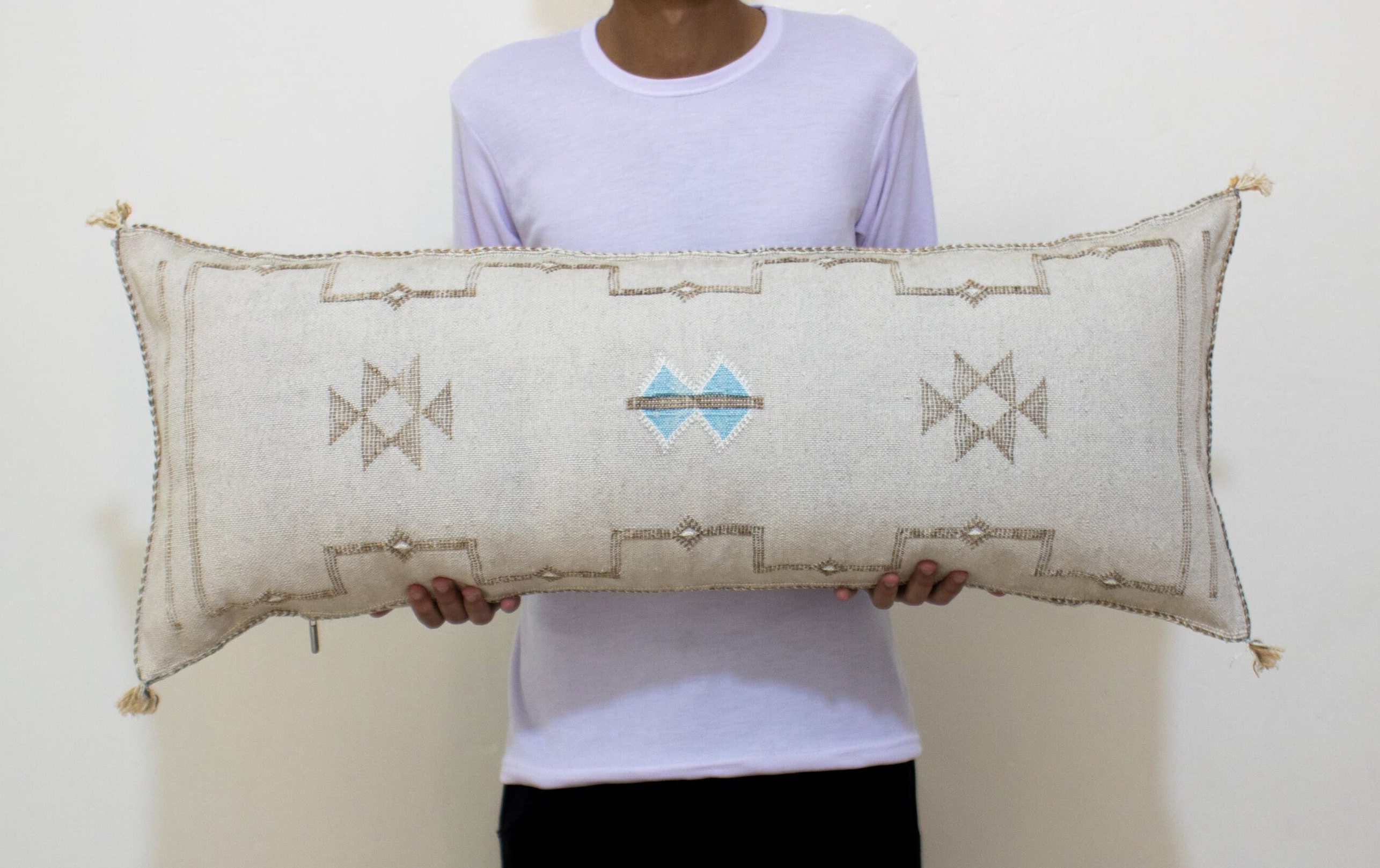 Cactus Silk Lumbar, Moroccan Cactus Silk Cushion, 14x36 Ethnic Lumbar Pillow, Gray Abstract Lumbar, Bed Cushion Gray, Bohemian Style