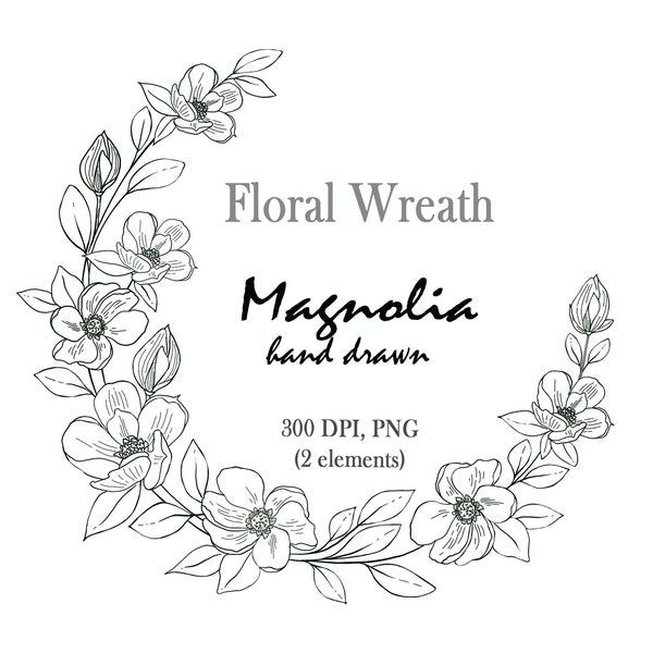 Magnolia Floral Wreath PNG, Boho Flowers Wreath, Botanical Line Art, Minimalistic Wedding Wreath, Commercial Use