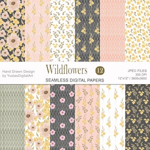 Flower Digital Paper, Wildflowers digital paper png, Easter paper, Floral Paper Set, Pink Background,  Commercial Use