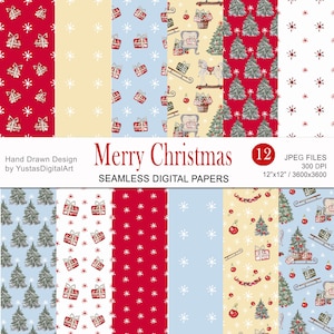 Christmas Watercolor Digital Paper, Wintage Christmas Paper, Wrapping paper, Christmas Paper Set, Christmas Background,  Commercial Use