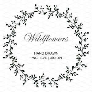 Floral Wreath SVG, Wildflowers svg, Floral frame SVG, Line Art wreath PNG, Wedding wreath svg, Commercial Use
