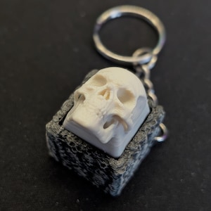 Peut inclure: Un porte-clés avec un crâne blanc détaillé dans un cadre gris texturé. Le porte-clés est orné d'un anneau argenté. Il s'agit d'un objet imprimé en 3D, idéal comme accessoire unique.