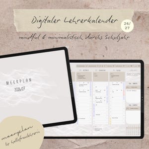 Könnte beinhalten: Ein digitaler Lehrerplaner auf zwei Tablets. Der linke Bildschirm zeigt ein Deckblatt mit dem Text 'MEERPLAN 2026/27'. Der rechte Bildschirm zeigt einen Wochenplan mit Spalten für Mittwoch, Donnerstag und Freitag sowie organisierte Zeitblöcke.