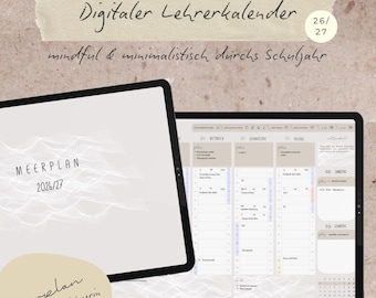 Puede incluir: Una agenda digital para docentes mostrada en dos tabletas. La pantalla izquierda muestra una portada con el texto 'MEERPLAN 2026/27'. La pantalla derecha presenta un horario semanal con columnas para miércoles, jueves y viernes con bloques.