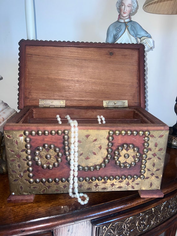 Vintage Wooden Hand Made wood Jwellery Box With  Brass Details