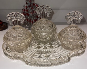 Fine Art Deco Lead Cut Crystal Glass Vanity Dressing Set Perfect Tray Pots