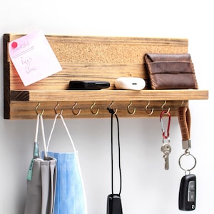 Entryway Organizer, Key Holder, Wall Mounted Mail Organizer, Floating Coat Rack, Mask Holder, Hallway Organizer with Hooks and Cork Board 画像 1