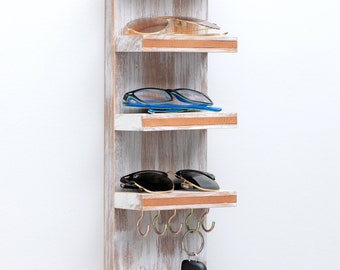 Sunglasses Shelf Organizer with Hooks, Entryway Organizer, Sunglass Display, Sunglasses Display, Wood Sunglass Organizer, Key Rack