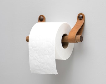 Leather toilet paper holder, wall mounted wooden toilet roll holder, leather and wood bathroom decor