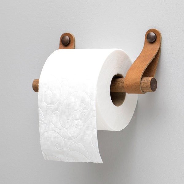 Leather toilet paper holder, wall mounted wooden toilet roll holder, leather and wood bathroom decor