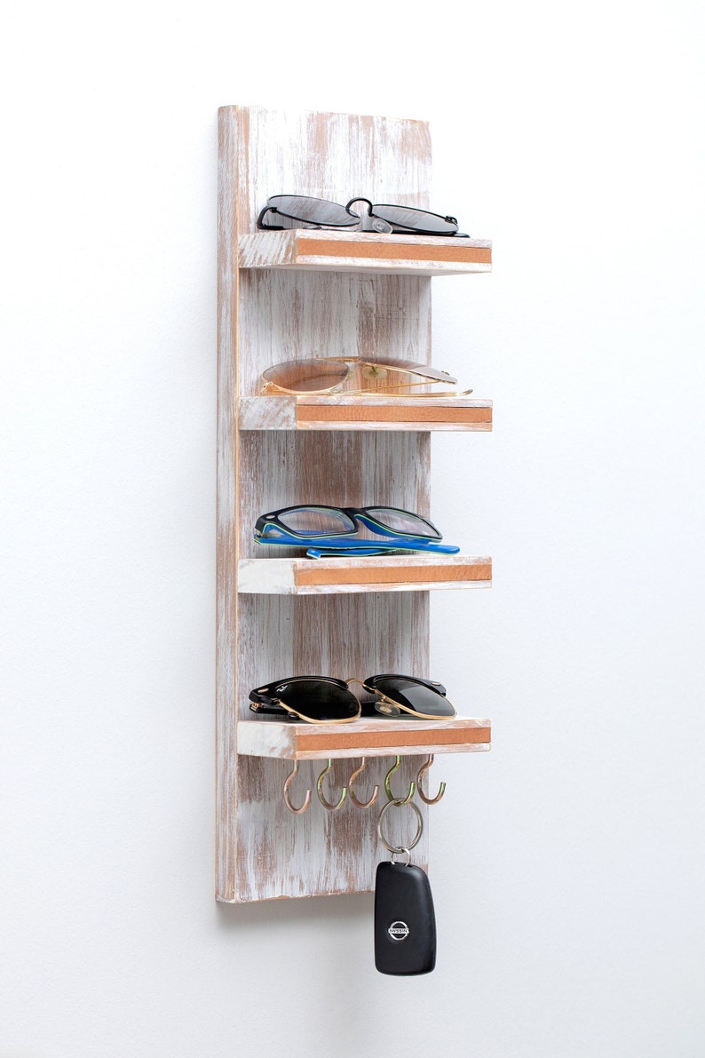 Sunglasses Display Organizer Shelf with Hooks, Entryway Organizer, Wooden Sunglass Organizer, Floating Key Rack image 3