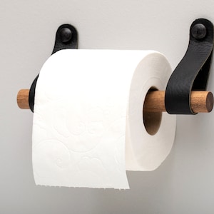 Leather toilet paper holder, wall mounted wooden toilet roll holder, leather and wood bathroom decor image 1