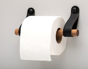 Leather toilet paper holder, wall mounted wooden toilet roll holder, leather and wood bathroom decor