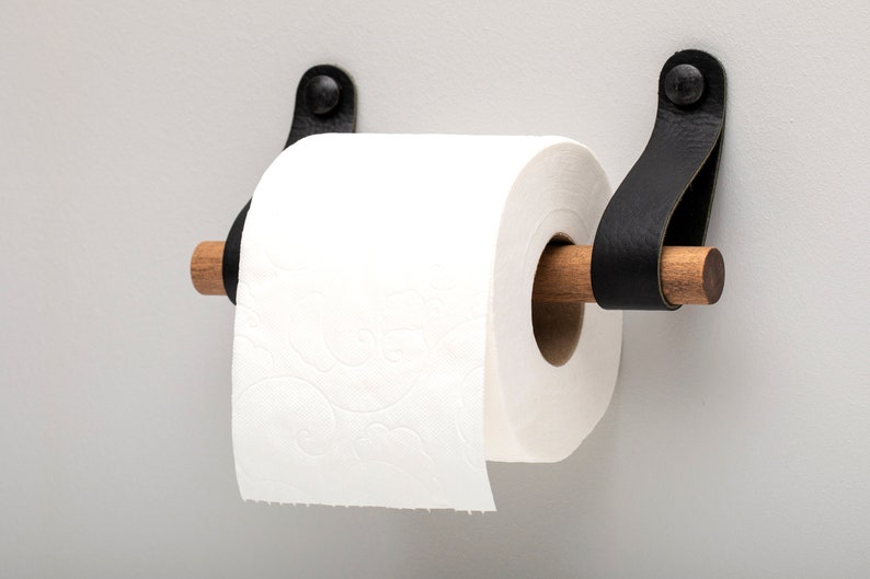 Leather toilet paper holder, wall mounted wooden toilet roll holder, leather and wood bathroom decor image 1