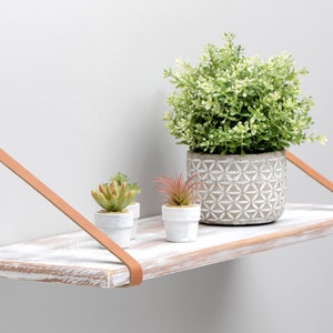 Floating Nursery Shelves With Leather Straps, Hanging Wall Shelves, Bathroom Shelf, White Wooden Wall Shelf