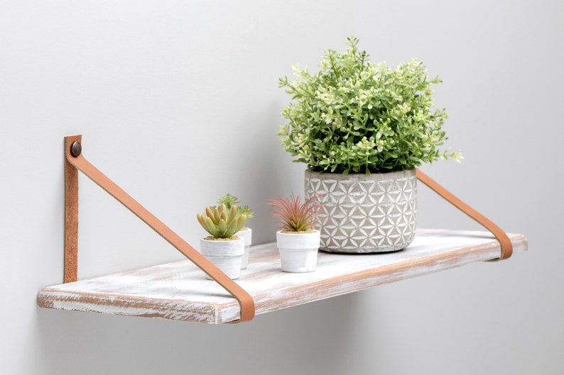 Floating Nursery Shelves With Leather Straps, Hanging Wall Shelves