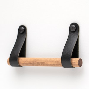 Leather toilet paper holder, wall mounted wooden toilet roll holder, leather and wood bathroom decor image 3