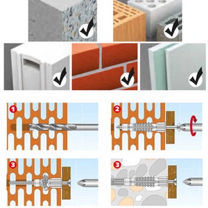 May include: Diagram showing how to install a screw anchor into a brick wall. The first step is to drill a hole in the brick. The second step is to insert the anchor into the hole. The third step is to screw the screw into the anchor.