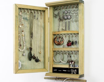 Jewelry Armoire Cabinet / Wall Mounted Solid Wood Jewelry Organizer / Personalized Jewelry Display