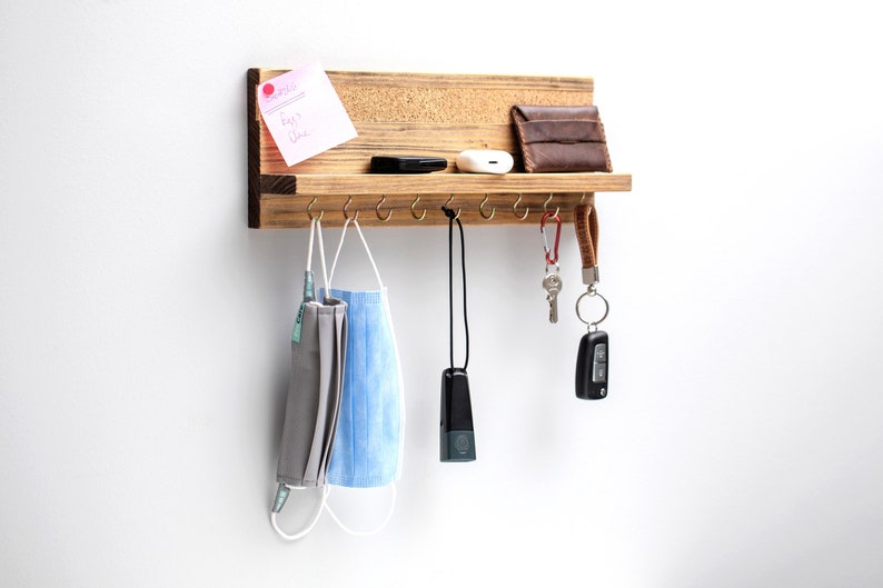 Entryway Organizer, Key Holder, Wall Mounted Mail Organizer, Floating Coat Rack, Mask Holder, Hallway Organizer with Hooks and Cork Board image 1