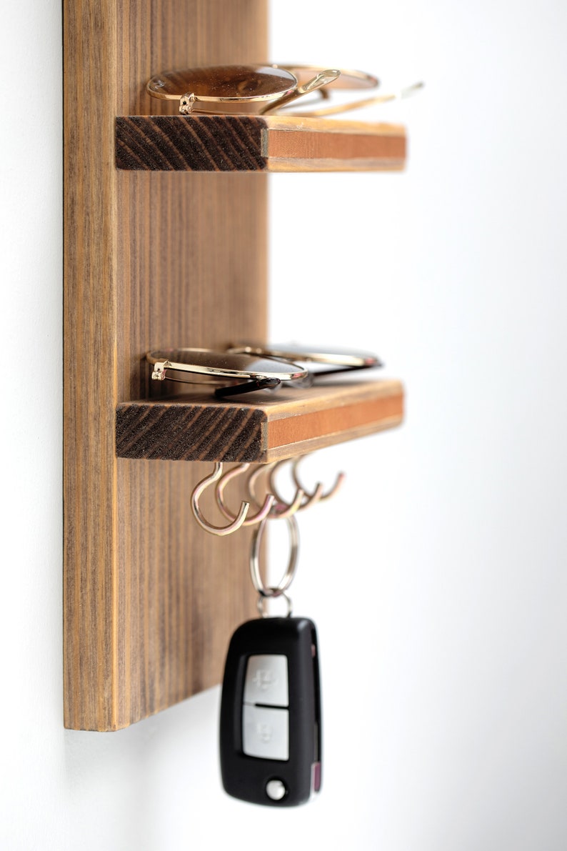 Sunglasses Display Organizer Shelf with Hooks, Entryway Organizer, Wooden Sunglass Organizer, Floating Key Rack image 5