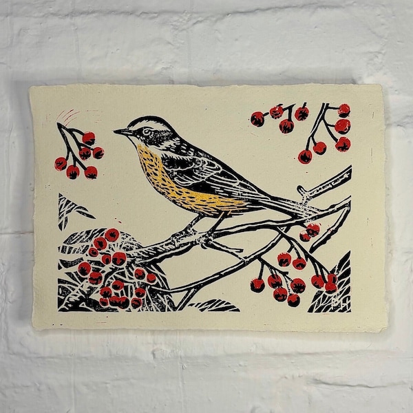 Winter Braunkehlchen Linoleum Print