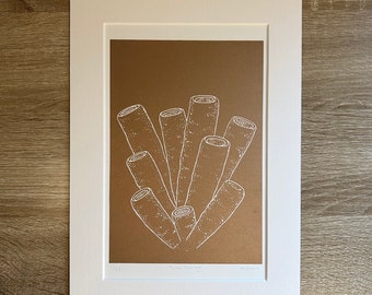 Original Linocut Print 'Tube Sponge' Coral, Copper Ink on White Paper