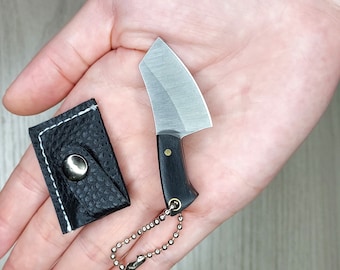 Miniature Steel Slanted Chopper Knife Black Handle Pendant Keychain With Sheath (1 Knife Only)