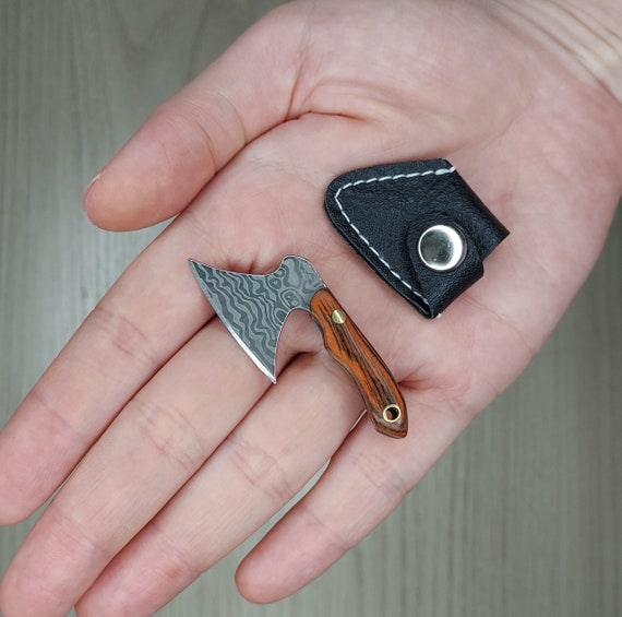 Miniature Damascus Steel Axe Knife Pendant Keychain With Sheath 1