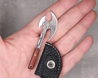 Miniature Damascus Patterned Steel Double Bladed Axe Knife Pendant Keychain With Sheath (1 Knife Only)