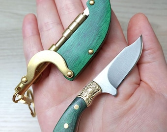 Handmade Miniature Steampunk Knife – Wooden Handle, Automatic Sheath