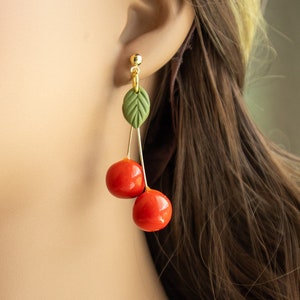 Handmade Cherry Polymer Clay Earrings Hypoallergenic Dangle Red Fruit Unique Gifts Lightweight Gold  Jewelry