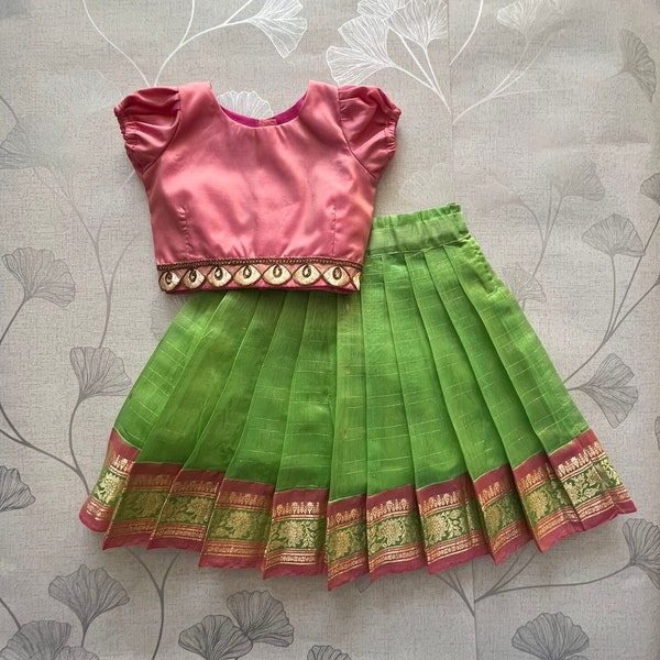 Rose Pink and Lime Green Pavadai Sattai for Kids / Indian Ethnicwear
