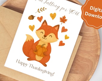 Akwarelowa kartka z okazji Święta Dziękczynienia z lisem | Gra słów „Zakochuję się w Tobie” (pobranie cyfrowe)