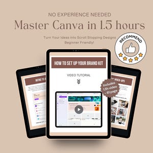 May include: Three digital tablets displaying a Canva tutorial. The central tablet shows a video tutorial on setting up a brand kit. Text includes "Master Canva in 1.5 hours" and "Beginner Friendly!" A "Recommend" badge with stars is also visible.
