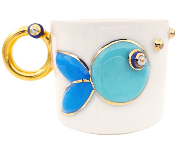 Ceraceline Turqoise Fish Golden Mug, Vrai 11% Or Pur Décoré et Entièrement Émaillé, 180 Ml