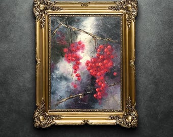 May include: An oil painting of red berries hanging from branches, set against a dark, atmospheric background. The artwork is framed in an ornate, gold-colored frame, adding a touch of elegance. The painting's style is reminiscent of classic still life art.