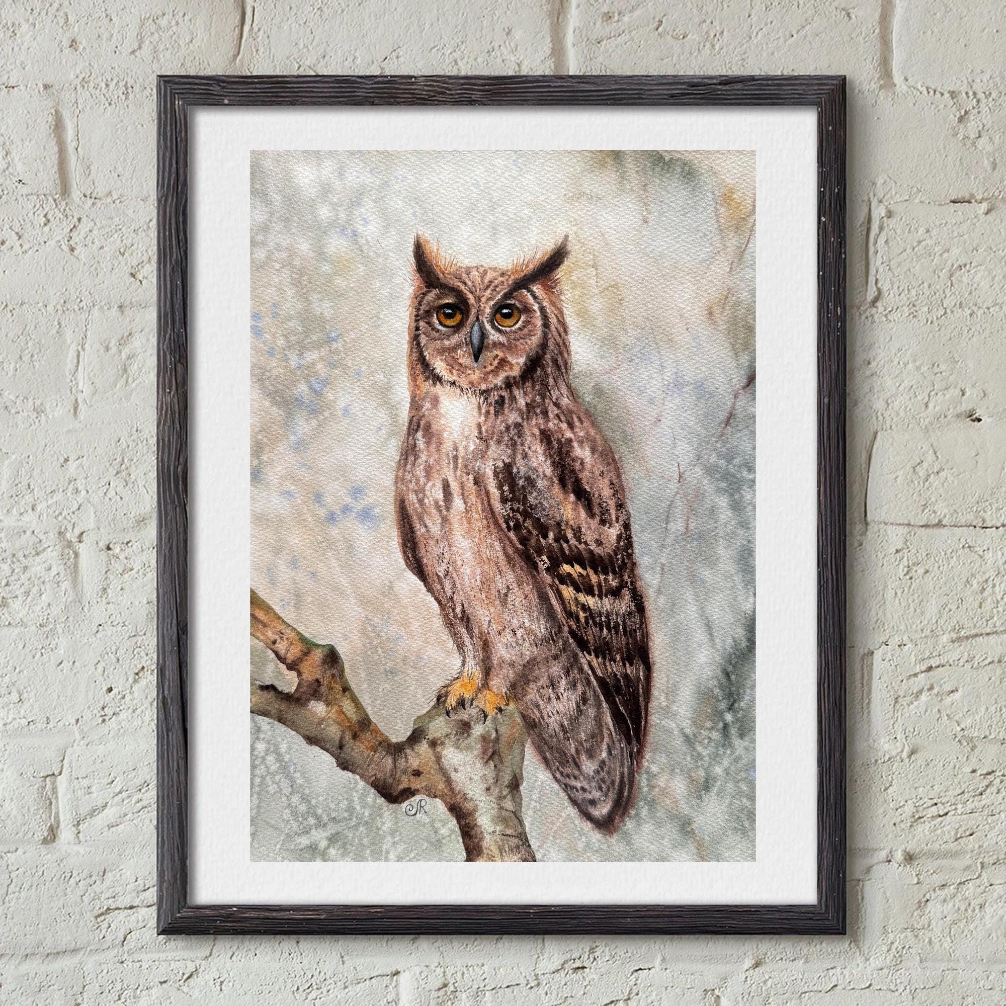 Original Watercolor Owl Painting Fluffy Bird Wall Art Wildlife Bird Artwork