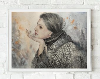 May include: Watercolor painting of a person in profile, resting their chin on their hand. The person is wearing a gray, textured sweater. The background features soft, blended colors of orange, gray, and blue, framed in a white border.
