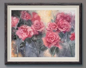May include: Watercolor painting of pink roses in full bloom, set against a backdrop of muted greens, blues, and yellows. The artwork is framed in a dark brown wooden frame, creating a classic and elegant aesthetic.