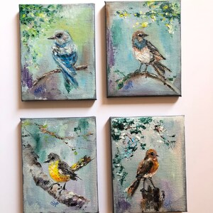 Aceo Birds Set di 4 Mini Painting Carte Aceo originali Uccelli in miniatura Pittura Piccola pittura a olio