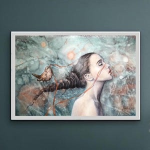 Woman Original Painting Woman with Bird Artwork Girl Watercolor Painting
