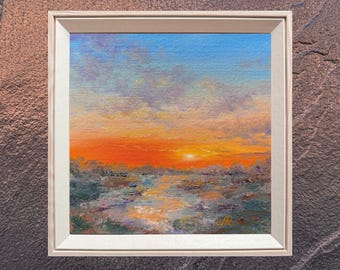 Peinture à l'huile originale de coucher de soleil, art de paysage encadré (8 x 8)