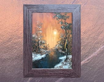 油絵風景画オリジナル、段ボールに描いた絵画、川の風景、手作りアート