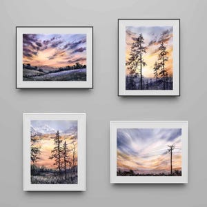 Coucher de soleil, aquarelle, paysage, lot de 4 impressions, coucher de soleil, cartes postales