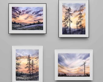 Conjunto de 4 impresiones de paisajes con acuarela al atardecer. Postales del atardecer.