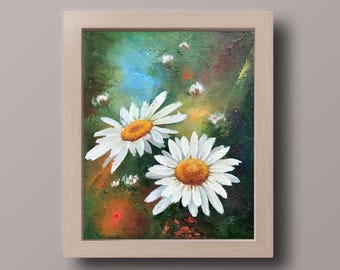 Daisies Oil Painting, Wildflower Field Art, 11x9